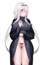 Rule 34 | 1girl, absurdres, azur lane, blush, bow, bow panties, breasts, clothes lift, clothes pull, colorado (azur lane), dress, dress lift, dress pull, grey sweater, highres, jacket, lifting own clothes, long hair, mature female, non-web source, open clothes, open jacket, panties, pussy, red eyes, solo, sweater, thighs, thong, underwear, white hair