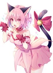 Rule 34 | 1girl, :d, animal ears, bell, bow, breasts, cat ears, cat tail, choker, cleavage, commentary, cowboy shot, dress, fang, frilled choker, frills, gloves, heart, highres, jingle bell, looking at viewer, magical girl, medium breasts, mew ichigo, momomiya ichigo, off-shoulder dress, off shoulder, open mouth, paw pose, pink choker, pink eyes, pink hair, puffy sleeves, red gloves, short dress, short hair, simple background, smile, solo, standing, tail, tail bell, tail bow, tail ornament, tokyo mew mew, white background, yuya (night lily)