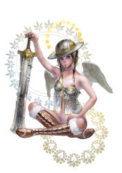 Rule 34 | 1girl, armor, bad id, bad pixiv id, blonde hair, blue eyes, boots, bottomless, breast slip, breasts, freckles, hat, indian style, knee boots, crossed legs, nipples, one breast out, original, sitting, solo, sword, takayama toshiaki, weapon, wings