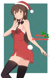 Rule 34 | 1girl, akagi (kancolle), alternate costume, azuki-iro, black thighhighs, bow, bowtie, breasts, brown hair, christmas, detached collar, dress, finger to mouth, fur-trimmed dress, fur trim, hat, highres, index finger raised, kantai collection, long hair, looking at viewer, medium breasts, merry christmas, pom pom (clothes), red dress, santa costume, santa hat, simple background, smile, solo, strapless, strapless dress, thighhighs, two-tone background