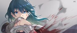 Rule 34 | 1girl, absurdres, blood, blood on face, blue eyes, blue hair, byleth (female) (fire emblem), byleth (fire emblem), da-cart, fire emblem, fire emblem: three houses, fire emblem warriors: three hopes, grey background, highres, holding, holding sword, holding weapon, long hair, looking at viewer, nintendo, solo, sword, vambraces, weapon