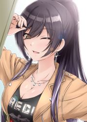 Rule 34 | 1girl, ;d, arm up, black hair, black shirt, blue background, blush, breasts, brown eyes, brown jacket, casual, cleavage, clothes writing, collarbone, diesel-turbo, earrings, glint, gradient background, high ponytail, idolmaster, idolmaster shiny colors, jacket, jewelry, long hair, medium breasts, necklace, one eye closed, open clothes, open jacket, open mouth, shirase sakuya, shirt, smile, solo, sparkle, tsurime, upper body, very long hair