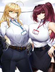 Rule 34 | 2girls, ahoge, artoria pendragon (fate), artoria pendragon (lancer) (fate), belt, belt buckle, blonde hair, bracelet, breasts, buckle, casul, collared shirt, fate/grand order, fate (series), green eyes, hair between eyes, hand on own hip, highres, id card, jacket, jacket partially removed, jewelry, large breasts, long hair, looking at viewer, multiple girls, office lady, pants, ponytail, purple eyes, red eyes, scathach (fate), shirt, skirt, sleeveless, sleeveless shirt, thighhighs