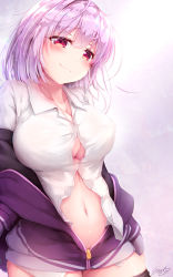 Rule 34 | 10s, 1girl, breasts, button gap, cleavage, collared shirt, e-note, gridman universe, jacket, large breasts, light purple hair, long sleeves, navel, off shoulder, purple jacket, shinjou akane, shirt, sleeves past wrists, solo, ssss.gridman, white shirt, zipper pull tab