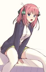 Rule 34 | 1girl, :o, absurdres, bed, between legs, blue eyes, blunt bangs, blush, butterfly hair ornament, cardigan, collared shirt, eyes visible through hair, feet out of frame, go-toubun no hanayome, green skirt, hair ornament, hair ribbon, hand between legs, highres, long sleeves, looking at viewer, medium hair, nakano nino, on bed, open mouth, pleated skirt, purple cardigan, red hair, ribbon, saiki rider, shirt, short hair, simple background, sitting, skirt, sleeves past wrists, solo, teeth, thighhighs, v arms, white background, white shirt, white thighhighs, zettai ryouiki
