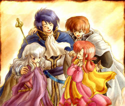Rule 34 | 2boys, 2girls, blue hair, brother and sister, brown hair, cape, couple, deirdre (fire emblem), dress, ethlyn (fire emblem), closed eyes, fire emblem, fire emblem: genealogy of the holy war, hand on own hip, hand on own chin, hand on shoulder, hetero, husband and wife, light purple hair, long hair, multiple boys, multiple girls, nintendo, open mouth, own hands together, pink hair, ponytail, purple eyes, quan (fire emblem), red-50869, short hair, siblings, sigurd (fire emblem), skirt, smile, staff