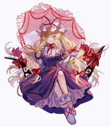 Rule 34 | 1girl, blonde hair, bow, commentary request, dress, elbow gloves, folding fan, frilled dress, frills, gap (touhou), gloves, hair bow, hand fan, hat, highres, holding, holding umbrella, long hair, migishita, mob cap, parasol, puffy short sleeves, puffy sleeves, purple dress, purple eyes, short sleeves, sidelocks, simple background, sitting, solo, touhou, umbrella, very long hair, white background, white footwear, white hat, yakumo yukari