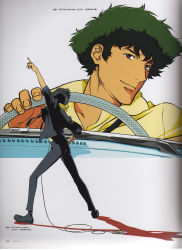 Rule 34 | 2004, absurdres, cowboy bebop, dancing, driving, dual persona, green hair, headphones, highres, listening to music, nose, official art, pants, red eyes, scan, shirt, spike spiegel, spiked hair, yellow shirt