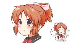 Rule 34 | 1girl, :&lt;, abe nana, blush, bow, bowtie, commentary request, hair bow, hemoglosso, idolmaster, idolmaster cinderella girls, multiple views, pink bow, ponytail, portrait, red bow, short hair, simple background, white background