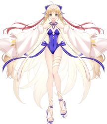 Rule 34 | 1girl, ahoge, aimii mii, artoria caster (fate), artoria caster (swimsuit) (fate), artoria caster (swimsuit) (third ascension) (fate), artoria pendragon (fate), bare shoulders, blonde hair, blue bow, blue one-piece swimsuit, blue ribbon, blush, bow, breasts, casual one-piece swimsuit, cleavage, detached sleeves, diamond (shape), double-blade, facial mark, fate/grand order, fate (series), forehead mark, green eyes, hair bow, highleg, highleg swimsuit, highres, long hair, looking at viewer, one-piece swimsuit, ornament, platform footwear, platform heels, ribbon, side-tie swimsuit, sitting on water, smile, solo, swimsuit, twintails, very long hair