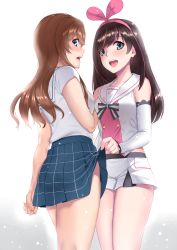 Rule 34 | 2girls, arihara tsubasa, bare legs, bare shoulders, blue eyes, bow, breasts, brown hair, cinderella series, clothes lift, clothes writing, commentary request, crossover, deras, detached sleeves, hachigatsu no cinderella nine, hairband, kizuna ai, kizuna ai inc., long hair, looking at viewer, medium breasts, multicolored hair, multiple girls, open mouth, pink bow, pink hair, pink hairband, sailor collar, shirt, short sleeves, shorts, simple background, skirt, skirt lift, sleeveless, sleeveless shirt, standing, streaked hair, teeth, two-tone hair, upper teeth only, virtual youtuber, white shirt, white shorts