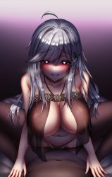 Rule 34 | 1boy, 1girl, absurdres, azur lane, bare shoulders, black panties, blush, breasts, cowgirl position, dunkerque (azur lane), girl on top, gradient background, heart, heart-shaped pupils, highres, large breasts, looking at viewer, nightgown, nipples, panties, see-through, shaded face, silver hair, skindentation, straddling, symbol-shaped pupils, thighhighs, underwear, urarasy