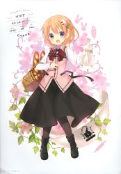 Rule 34 | 1girl, absurdres, basket, blue eyes, blush, boots, bow, bowtie, bread, brown hair, carrying, character name, cup, floral background, flower, food, gochuumon wa usagi desu ka?, hair flower, hair ornament, highres, holding, hoto cocoa, koi (koisan), leaf, loaf of bread, official art, open mouth, page number, pantyhose, purple eyes, rabbit house uniform, scan, short hair, smile, solo, teacup, teapot