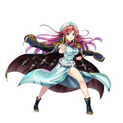 Rule 34 | 1girl, aqua hat, aqua shirt, beret, black coat, black footwear, braid, breasts, coat, full body, game cg, gold trim, hat, hat ornament, highres, hong meiling, hong meiling (immovable demon&#039;s gate), kunai, large breasts, long hair, looking at viewer, red hair, rotte (1109), shirt, side braids, simple background, solo, star (symbol), star hat ornament, third-party source, touhou, touhou lostword, twin braids, weapon, white background