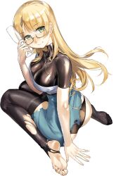 Rule 34 | 1girl, ass, barefoot, blonde hair, breasts, cleavage, cocktail glass, cup, dress, drinking glass, feet, full body, glasses, green eyes, holding, holding cup, kantai collection, large breasts, long hair, looking back, northampton (anniversary) (kancolle), northampton (kancolle), official art, panties, semi-rimless eyewear, soles, solo, thighhighs, toes, transparent background, underwear, white dress, zeco
