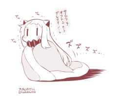 Rule 34 | 10s, 1girl, abyssal ship, blanket, blush, contemporary, covered mouth, horns, kantai collection, long hair, looking at viewer, mittens, monochrome, northern ocean princess, simple background, solo, sweat, translation request, trembling, twitter username, yamato nadeshiko, | |