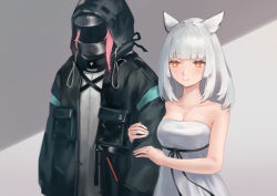 Rule 34 | 1girl, 1other, absurdres, arknights, arm hug, bare arms, bare shoulders, black jacket, breasts, cleavage, commentary request, doctor (arknights), dress, highres, hood, hooded jacket, jacket, long hair, medium breasts, orange eyes, ptilopsis (arknights), silver hair, smile, strapless, strapless dress, upper body, wedding dress, white dress, yinghuahua