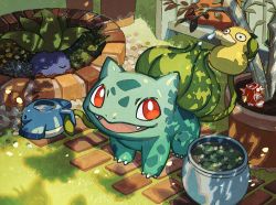 Rule 34 | :d, bright pupils, bulbasaur, claws, closed eyes, commentary request, creatures (company), day, fangs, flower pot, game freak, gen 1 pokemon, grass, holding, nintendo, no humans, oddish, open mouth, outdoors, pokemon, pokemon (creature), psyduck, red eyes, smile, tami yagi, themed object, tongue, u u, wailmer pail, white pupils