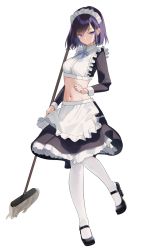 Rule 34 | 1girl, black footwear, black shirt, black skirt, blue ribbon, broom, closed mouth, collared apron, commentary request, crop top, dot mouth, highres, holding, holding broom, long sleeves, looking at viewer, maid, maid headdress, medium hair, mignon, navel, original, pantyhose, partial commentary, purple eyes, purple hair, ribbon, sarah-san (mignon), shirt, skirt, solo, stomach, white background, white pantyhose