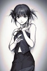Rule 34 | 1girl, animification, breasts, camisole, choi ye-na, expressionless, grey background, greyscale, highres, holding, holding scissors, k-pop, looking at viewer, meyou084, midriff peek, monochrome, real life, scissors, skirt, small breasts, solo