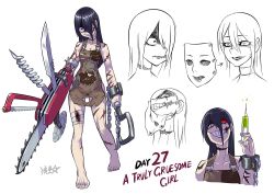 Rule 34 | 1girl, @ @, bandaged leg, bandages, bare shoulders, barefoot, blood, blood stain, chainsaw, crazy eyes, crazy smile, english text, evil smile, face, grin, hair over one eye, heterochromia, hook, knife, long hair, mask, multiple views, one eye covered, original, overalls, rags, ryuusei (mark ii), saw, scar, screw, smile, swiss army knife, syringe, teeth, torn clothes, weapon, wide-eyed