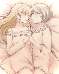 Rule 34 | 2girls, bed, bed sheet, blonde hair, blunt bangs, blush, breasts, collarbone, frills, grey hair, heanna sumire, highres, hime cut, holding hands, katsuragi (webmaster909), long hair, long sleeves, looking at another, looking to the side, love live!, love live! superstar!!, lying, medium breasts, multiple girls, open mouth, pajamas, short hair, tang keke, thighs, yuri