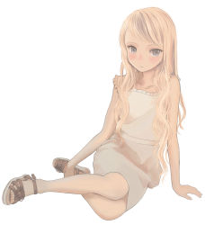 Rule 34 | 1girl, arm support, blonde hair, blush, dress, full body, grey eyes, highres, long hair, looking at viewer, mocha (snowflake), original, parted lips, sandals, simple background, sitting, solo, swept bangs, white background, white dress