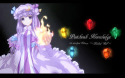 Rule 34 | 1girl, character name, crescent, crescent moon, empty eyes, female focus, fire, hat, highres, letterboxed, long hair, moon, patchouli knowledge, purple eyes, purple hair, saemon (tonpura), solo, touhou, wallpaper