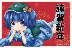 Rule 34 | 1girl, adapted costume, blue eyes, blue hair, blush, hair bobbles, hair ornament, hat, ica, japanese clothes, kawashiro nitori, kimono, matching hair/eyes, new year, short hair, smile, solo, touhou, twintails, two side up