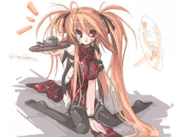 Rule 34 | 1girl, ahoge, black thighhighs, blush, brown eyes, china dress, chinese clothes, dress, endou chihiro, fang, frilled thighhighs, frills, hair ribbon, heart, holding, holding tray, long hair, looking at viewer, orange hair, original, ribbon, sitting, sketch, solo, tea, thighhighs, tray, twintails, uneven twintails, very long hair, wariza, wrist cuffs