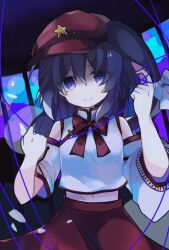 Rule 34 | 1girl, bare shoulders, bow, bowtie, cabbie hat, chuqi1030, commentary, detached sleeves, hat, hat ornament, head tilt, label girl (dipp), long hair, long sleeves, looking at viewer, mandarin collar, midriff peek, navel, noose, purple eyes, red bow, red bowtie, red hat, red skirt, rope, side ponytail, skirt, smile, solo, star (symbol), star hat ornament, symbol-only commentary, touhou, white sleeves, wide sleeves
