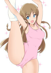 Rule 34 | 1girl, armpits, arms up, athletic leotard, bare shoulders, blue eyes, blush, braid, breasts, brown hair, collarbone, cowboy shot, dot nose, floating hair, idolmaster, idolmaster million live!, idolmaster million live! theater days, kousaka umi, leg up, leotard, long hair, looking at viewer, maruwa tarou, medium breasts, open mouth, pink leotard, simple background, smile, socks, solo, sparkle, spread legs, standing, standing on one leg, twin braids, white background, white socks