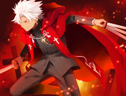 Rule 34 | 1boy, amakusa shirou (fate), brown eyes, cape, cross, cross necklace, dark skin, dark-skinned male, earrings, fate/apocrypha, fate/grand order, fate (series), jewelry, long hair, male focus, necklace, solo, somemiya suzume, stole, sword, weapon, white hair