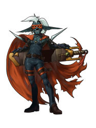 Rule 34 | alien1452, belt, cape, chain, ninja, no humans, pointy ears, solo, sword, thigh strap, weapon, white hair