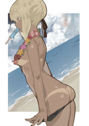 Rule 34 | 1girl, arched back, artoria pendragon (all), artoria pendragon (fate), ass, bad id, bad pixiv id, beach, bikini, bikini bottom only, bikini pull, bikini tan, black bikini, blonde hair, blue sky, breasts, clothes pull, club3, commentary request, cowboy shot, day, dutch angle, fate (series), flower, food, from behind, hair bun, highres, long hair, medium breasts, mouth hold, ocean, popsicle, saber alter, shiny skin, single hair bun, skindentation, sky, solo, standing, swimsuit, tan, tanline, topless, water, yellow eyes