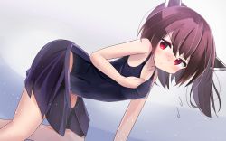 Rule 34 | 1girl, all fours, bare arms, bare shoulders, black one-piece swimsuit, black skirt, blush, breasts, brown hair, commentary request, flying sweatdrops, hair between eyes, hand up, headgear, highres, long hair, looking at viewer, nose blush, old school swimsuit, one-piece swimsuit, pleated skirt, red eyes, ryogo, school swimsuit, skirt, small breasts, solo, swimsuit, touhoku kiritan, two side up, v-shaped eyebrows, voiceroid