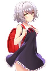 Rule 34 | 1girl, absurdres, backpack, bag, blue dress, collar, commentary request, cowboy shot, dress, fate/apocrypha, fate (series), frilled dress, frills, grey hair, hair between eyes, highres, jack the ripper (fate/apocrypha), randoseru, red neckwear, school bag, short hair, shunichi, sidelocks, simple background, solo, white background, white collar