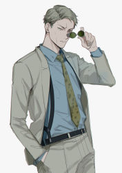 Rule 34 | 1boy, absurdres, animal print, belt, black belt, blonde hair, collared shirt, cowboy shot, formal, goggles, grey suit, hand in pocket, highres, holding, holding goggles, jujutsu kaisen, leopard print, long sleeves, looking at viewer, male focus, mamita, nanami kento, necktie, shirt, short hair, solo, standing, suit, suspenders, white background