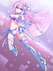 1girl absurdres blue_eyes breasts choujigen_game_neptune_mk2 cleavage_cutout closed_mouth clothing_cutout flying gloves hair_ornament highres long_hair medium_breasts navel neptune_(series) pink_hair pink_wings purple_sister revealing_clothes shionic_zm skin_tight solo thighhighs very_long_hair white_gloves white_thighhighs wings