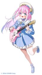 1girl :d beret blue_dress blue_footwear blush collared_dress commentary_request copyright_notice dress electric_guitar frilled_dress frilled_sailor_collar frilled_sleeves frills full_body green_eyes guitar hat heterochromia highres himemori_luna himemori_luna_(7th_costume) holding holding_guitar holding_instrument holding_plectrum hololive instrument loafers long_hair long_sleeves looking_at_viewer multicolored_hair music neck_ribbon official_alternate_costume official_alternate_hairstyle official_art open_mouth pink_hair playing_instrument plectrum pome_charo purple_eyes ribbon sailor_collar sample_watermark shirt shoes simple_background smile socks solo streaked_hair virtual_youtuber watermark white_background white_hair white_hat white_sailor_collar white_shirt white_socks