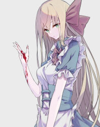 Rule 34 | 1girl, apron, blonde hair, blood, blood on hands, blue dress, blush, breasts, dress, frilled apron, frills, green eyes, hair ornament, highres, large breasts, long hair, looking at viewer, mole, mole under eye, mosui (kori can), original, red ribbon, ribbon, simple background, solo, white apron