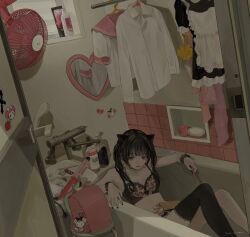 Rule 34 | 1girl, animal ears, backpack, bag, banknote, bar soap, bathroom, bathtub, black bra, black dress, black nails, black thighhighs, boxcutter, bra, cat ears, choker, clothes hanger, curling iron, darico, door, dress, electric fan, electric plug, faucet, frilled wristband, highres, holding, holding boxcutter, imminent suicide, lipstick, looking at viewer, makeup, mirror, money, navel, open door, original, pill, razor blade, red lips, school uniform, shampoo bottle, shirt, single thighhigh, sink, sitting, soap bottle, sticker, thighhighs, twintails, underwear, wavy hair, white shirt