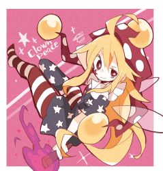 Rule 34 | 1girl, 3:, ahoge, american flag, american flag dress, american flag legwear, american flag print, bad id, bad twitter id, bare arms, blonde hair, border, bright pupils, character name, closed mouth, clownpiece, dress, facing away, fairy, fairy wings, fire, flag print, full body, full moon, hair between eyes, hat, highres, holding, horizontal-striped legwear, jester cap, long hair, looking away, mononomo616, moon, multicolored clothes, multicolored dress, multicolored legwear, neck ruff, pantyhose, polka dot, polka dot headwear, purple fire, red eyes, red hat, short sleeves, solo, sparkle, squiggle, star-shaped pupils, star (sky), star (symbol), striped clothes, striped pantyhose, symbol-shaped pupils, torch, touhou, typo, uneven eyes, very long hair, white border, white pupils, wings