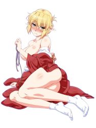 Rule 34 | 1girl, alternate costume, ass, bare legs, bare shoulders, blonde hair, blush, breasts, collarbone, commentary request, convenient arm, full body, green eyes, hair between eyes, head tilt, holding, large breasts, long sleeves, looking at viewer, mizuhashi parsee, no shoes, nose blush, off shoulder, ootsuki wataru, pointy ears, red robe, robe, short hair, sidelocks, simple background, sitting, socks, solo, thighs, touhou, white background, white socks, wide sleeves