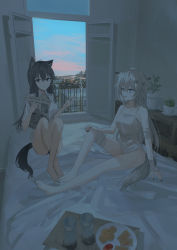 Rule 34 | 2girls, absurdres, arknights, bandaged leg, bandages, bare arms, bare shoulders, bed, black nails, black panties, blue sky, breasts, chihuri, cigarette, cityscape, cloud, collared shirt, cup, day, dress, dress shirt, drinking glass, food, highres, holding, holding cigarette, indoors, knees up, lappland (arknights), crossed legs, medium breasts, multiple girls, nail polish, newspaper, on bed, open window, panties, plant, plate, potted plant, shirt, sky, sleeveless, sleeveless dress, smoke, texas (arknights), toenail polish, toenails, tray, underwear, white dress, white shirt, window