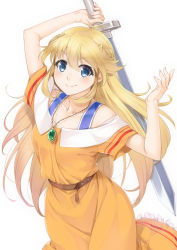 Rule 34 | 1girl, arm up, bare shoulders, belt, blonde hair, blue eyes, blush, brown belt, brown dress, closed mouth, commentary request, copyright request, dress, frilled dress, frills, glint, hair between eyes, hand up, holding, holding sword, holding weapon, jewelry, long hair, miri (ago550421), off-shoulder dress, off shoulder, pendant, short sleeves, signature, simple background, smile, solo, sword, v-shaped eyebrows, very long hair, weapon, white background