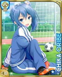 Rule 34 | 1girl, blue eyes, blue hair, blue jacket, card (medium), character name, day, girlfriend (kari), gloves, jacket, official art, open mouth, oribe chika, outdoors, pants, ponytail, qp:flapper, shoes, sitting, smile, soccer, solo, tagme, track suit