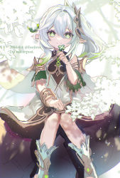 Rule 34 | 1girl, amaichi esora, bracelet, cape, child, clover, commentary, cross-shaped pupils, detached sleeves, dress, four-leaf clover, genshin impact, gradient hair, green cape, green eyes, green hair, hair ornament, highres, jewelry, leaf hair ornament, long hair, multicolored hair, nahida (genshin impact), pointy ears, side ponytail, sitting, solo, symbol-shaped pupils, toeless footwear, white dress, white footwear, white hair