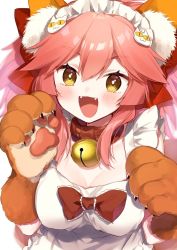 Rule 34 | &lt;|&gt; &lt;|&gt;, 1girl, :d, animal ear fluff, animal ears, apron, bell, blush, bow, breasts, brown eyes, brown gloves, cat hair ornament, collar, commentary request, fangs, fate/grand order, fate (series), fox ears, frilled apron, frills, gloves, hair between eyes, hair bow, hair ornament, jingle bell, long hair, looking at viewer, maid headdress, medium breasts, neck bell, open mouth, paw pose, pink hair, red bow, red collar, simple background, smile, solo, tamamo (fate), tamamo cat (fate), tamamo cat (third ascension) (fate), upper body, v-shaped eyebrows, white apron, white background, yamabukiiro