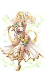 Rule 34 | 1girl, bare shoulders, blonde hair, blue eyes, breasts, bridal gauntlets, character request, cleavage, collar, dark-skinned female, dark skin, feet, flower, full body, hair flower, hair ornament, harem outfit, high heels, jewelry, large breasts, legs, looking at viewer, lots of jewelry, magic, midriff, navel, official art, pelvic curtain, petals, sandals, sennen sensou aigis, serious, solo, standing, thighs, toes, transparent background, twintails, vivian (sennen sensou aigis), white background